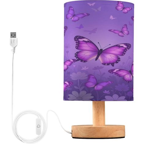 Lampe de table nuit en toile jute avec papillons violets (1/5)