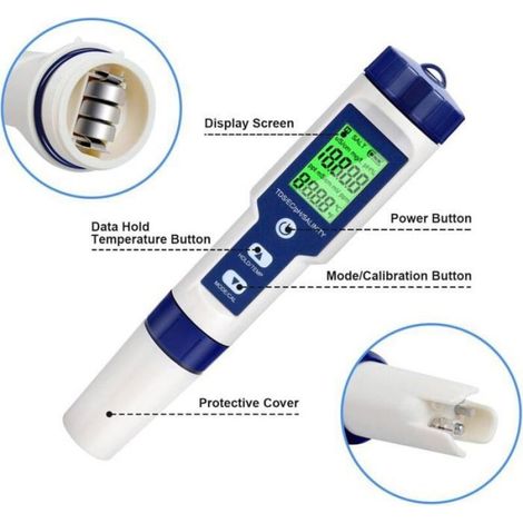 1 5-in-1 Wassertester, hintergrundbeleuchtetes LCD-Display, misst pH-Wert, TDS, EC, Salzgehalt, Temperatur, Aquarium, Schwimmbad, Trinkwasser (1/5)