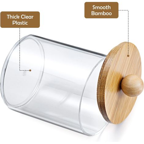 Distributeur, récipient en plastique transparent avec couvercle en bambou (pour trousse de maquillage), ensemble d'accessoires de salle de bain (pour tampons, granulés, tampons et fil dentaire). (1/5)