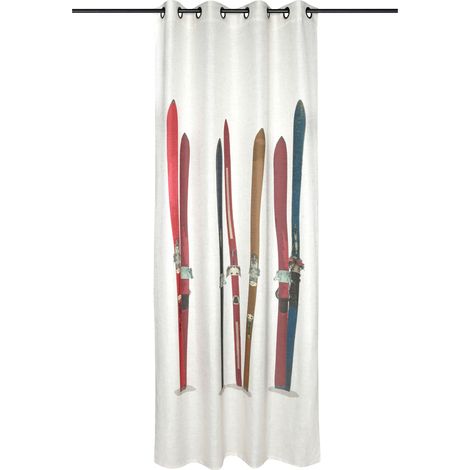 Rideau tamisant en polylin à motif skis Blanc 140x240 cm