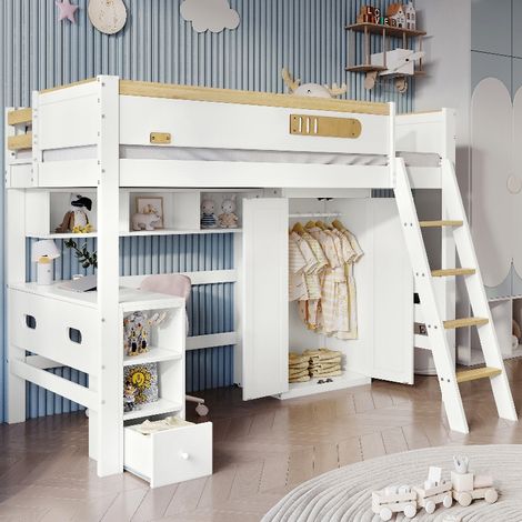 Multifunktionales Etagenbett 90x200 cm mit Schreibtisch, Kleiderschrank und Regal, Kinderbett aus Holz mit Fallschutz, Weiß/Natur (1/5)