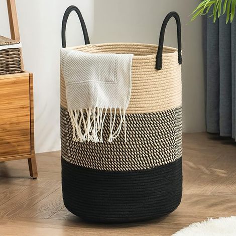 Corbeille à Linge Panier de Rangement Sale Corde en Coton 38cm(D) x50cm(H) Z-Marron (1/5)