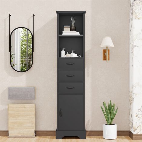 Meuble de Salle de Bain 38 x 26 x 172.5 cm - Armoire Colonne Haute de Rangement avec Tiroirs et Niches Ouvertes - Noir (1/5)