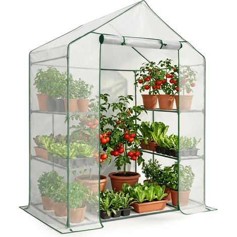 Mini invernadero de jardín tipo caseta con estructura metálica y cubierta de PE con estantes, 1 puerta Blanco 143x73x195 cm (1/5)