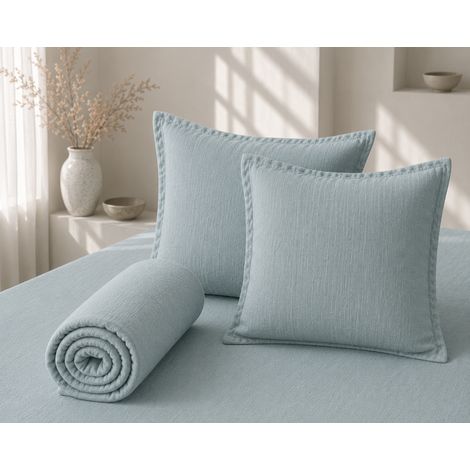 Parure Drap Housse 140 x 190 cm + 2 Taies 60x60 cm 100% Lin Français - Azur (1/5)
