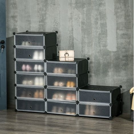 Étagère à chaussures modulaire en plastique noir 94 x 37 x 108 cm, 12 compartiments (1/5)