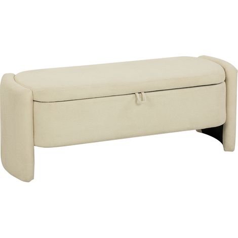 Banc Bout de Lit Banquette, 118x42x45cm, Banc de Rangement Rembourré en Tissu Bouclé, Pieds en Bois d'Eucalyptus, Crème (1/5)
