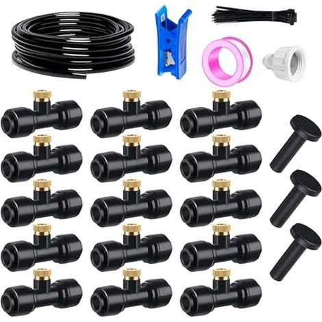 Brumisateurs pour terrasse extérieure, système de brumisation de jardin, système d'irrigation, tuyau de brumisation de 20m 6mm+15 buses de brumisation en T Noir, système debrumisation (1/5)