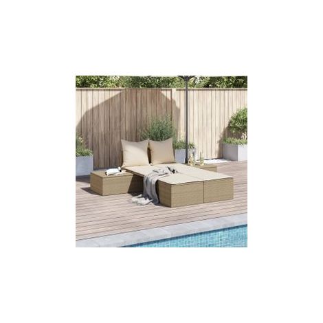 Chaise longue double avec coussins beige résine tressée (1/5)