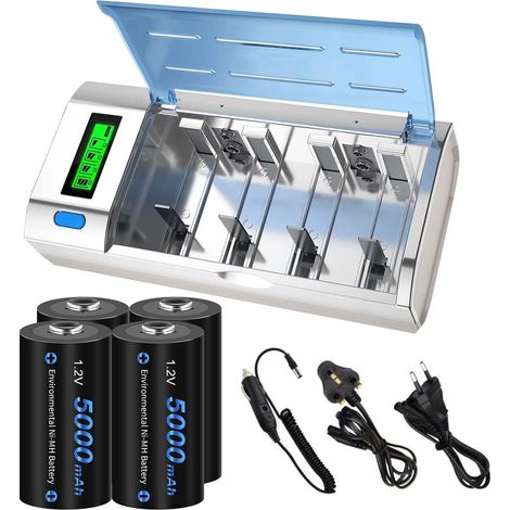 Chargeur de Batterie Universel pour écran LCD avec Fonction de décharge pour Batteries AA, AAA, C, D, 9V NI-MH NI avec 4 Batteries NI-MH C Taille 5000mAh (1/5)