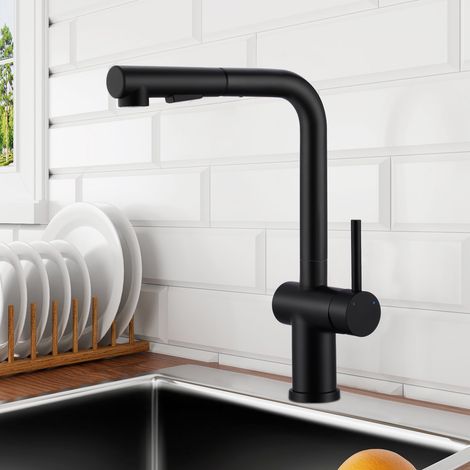 Robinet Cuisine Moderne Noir Mat – Mitigeur Tirable 360°, Jet Douchette et Aéré, Monocommande L-Inox 304, Installation Facile pour Évier et Vaisselle (1/5)