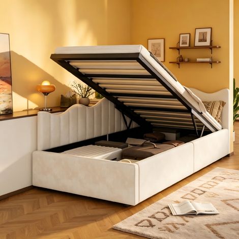 Canapé-lit 90x200, Lit avec dossier, cadre de lit simple avec LED et hydraulique rangement, lit avec sommier, lit 1 Personne, tête de lit rembourré, MDF, Beige, velours