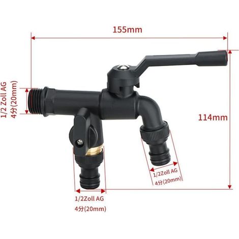 Robinet double pour tuyau d'arrosage noir, pour tuyaux d'irrigation, usage domestique et industriel (à double tête) (1/4)