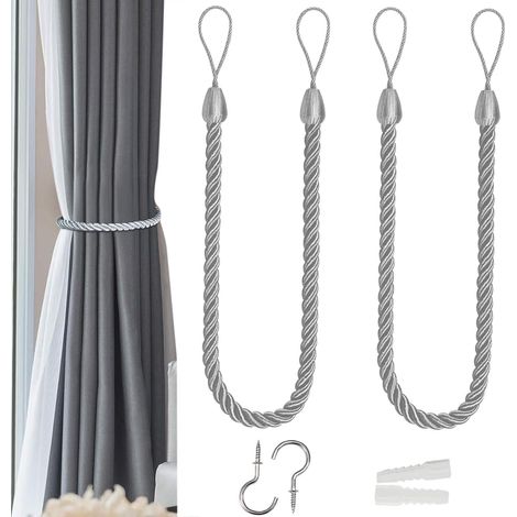 Lot de 2 embrasses de Rideaux d'extérieur en Coton Naturel Fait à la Main pour Rideaux occultants et Transparents (Gris foncé) (1/5)