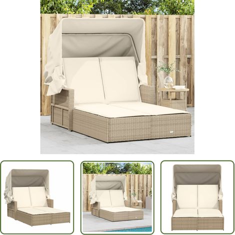 The Living Store Doppel-Sonnenliege mit Dach und Auflagen Beige Poly Rattan - Doppelsonneliege - Liege - Gartenmöbel - Outdoormöbel - Relax Liege (1/5)