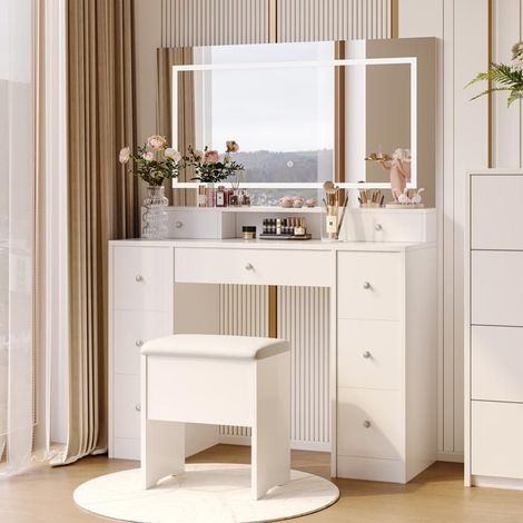 Espejo de Maquillaje Moderno - 110x40x150 cm - Espejo LED Ajustable - 9 Cajones - Taburete Incluido (1/5)