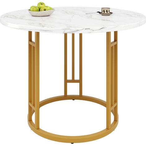 Tavolo da Pranzo Rotondo 80x80x76 cm, Portata 60 kg, Piano MDF Effetto Marmo, Oro, Per Ufficio e Casa (1/5)