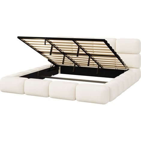 Letto matrimoniale 200x200 cm con contenitore idraulico, testiera imbottita, Bouclé bianco (1/5)