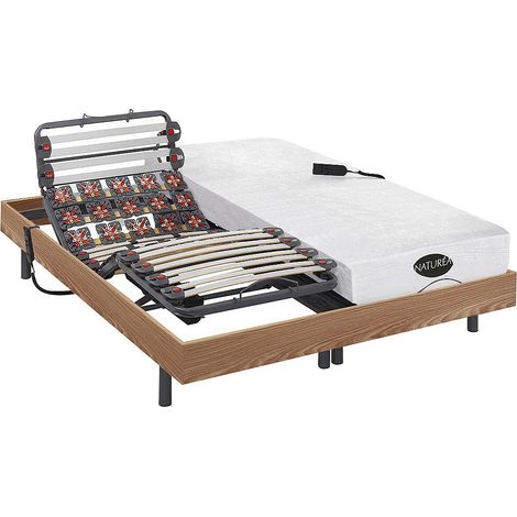 Lit électrique de relaxation lattes et plots + matelas mémoire de forme et bambou - 2 x 80 x 200 cm - Chêne - DAMYSOS de NATUREA