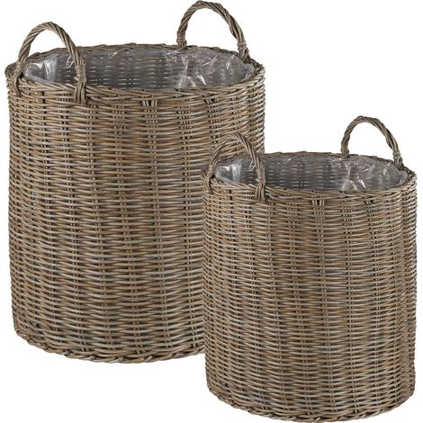 Beliani – Lot de 2 paniers cache-pots en polyrotin beige sable – Dimensions 40/48 cm largeur – 54/63 cm hauteur – Pour balcon et terrasse (1/5)