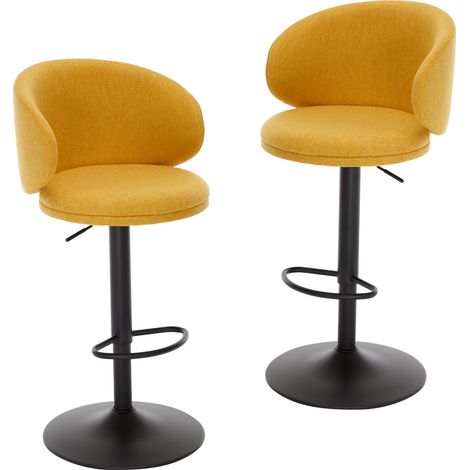 Wahson Lot de 4 tabourets de bar réglables en lin – Coussins épais confortables – Hauteur ajustable 65-86cm – Repose-pieds en métal noir, Jaune