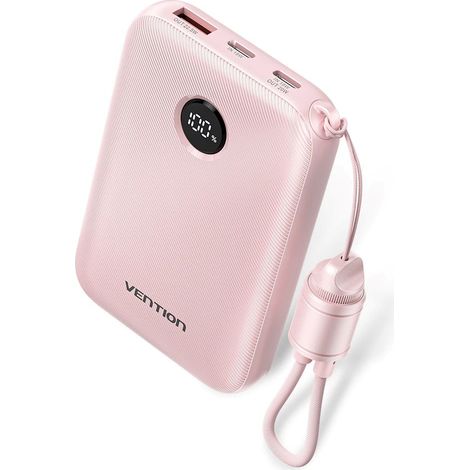 Batterie externe Vention 10 000 mAh, 2 ports USB-C, 1 port USB-A avec écran, puissance 22,5 W, rose (1/4)
