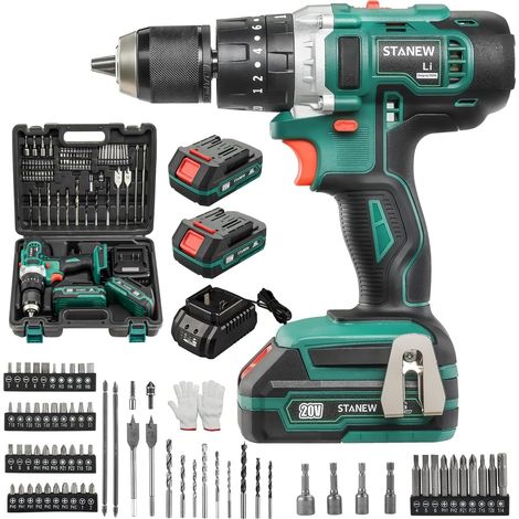 20V QW Cordless Drill Driver 2 Li-ion Batteries, 96 Pieces, with Carry Case 2 Battery and Charger (1/5)
