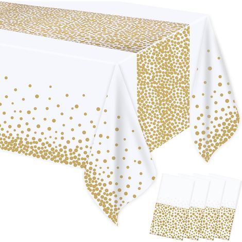 Disposable Plastic Tablecloths, Set of 4 Rectangular Party Table Covers, White and Gold Dots, for Birthday, Picnic, Christmas, Baby Shower, Decoration, 137 cm x 274 cm (1/5)