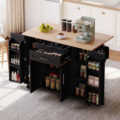 Isola da cucina mobile - L136xH92xP70 cm - Piano di lavoro estensibile e cassetto portaposate - Stile europeo - Nero e naturale (1/5)