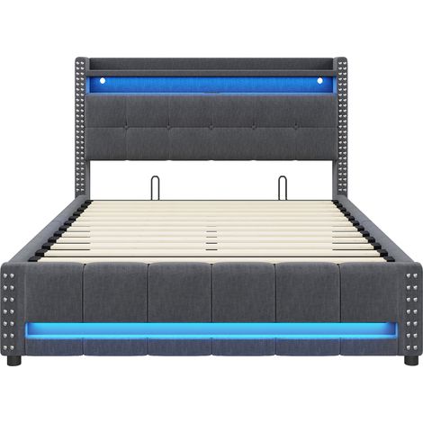 Polsterbett 140 x 200 cm grau mit LED, USB und Stauraum (1/5)