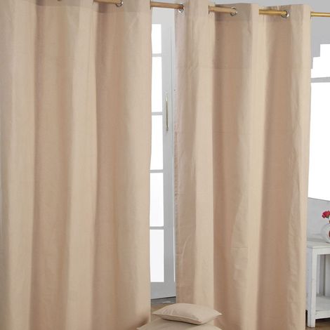 HOMESCAPES Plain Off Beige Cotton Eyelet Curtains 117 x 137 cm