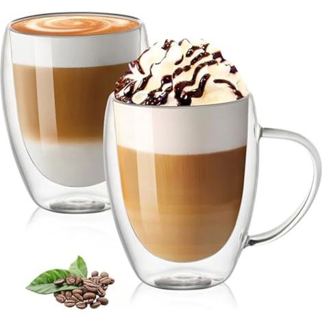 Doppelwandige Glaskaffeetassen mit Henkeln, 2 x 350 ml, isolierte Latte-Gläser, hitzebeständiges Borosilikatglas für Tee, Kaffee, Latte, Cappuccino, Espresso, Bier (1/5)