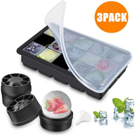 Vassoi per cubetti di ghiaccio in silicone con coperchio, confezione da 3, senza BPA, cubetti di ghiaccio grandi da 5 cm per whisky, cocktail, mojito e tutte le bevande. (1/5)