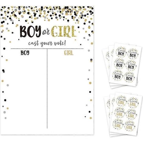 Poster für ein Gender-Reveal-Spiel mit Aufklebern zur Abstimmung „Junge“ oder „Mädchen“, perfekt für Babypartys und Feiern vor der Geburt. (136 Zeichen)