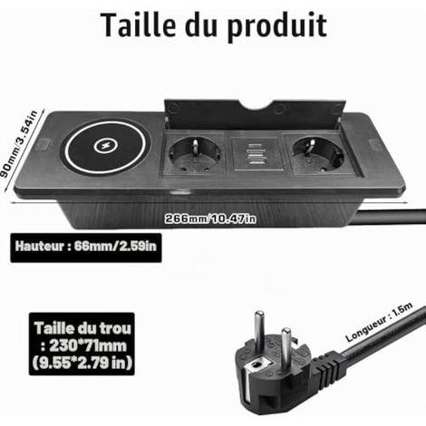 Prise escamotable USB C PD 20 W et 15 W - Charge sans fil - 2 prises - Prise de table encastrable - Plateau de table pour bureau, cuisine, noir - Cable de 1,5 m (1/4)