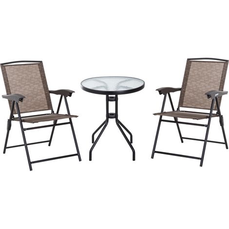 Outsunny 3-teiliges Garten-Set: 2 verstellbare Klappstühle + runder Tisch (Sicherheitsglas, Metall, Textilene) – Schokoladenbraun