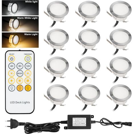 Lot de 12 spots encastrables pour terrasse - Blanc chaud - Intensité variable - 0,8 W - 12 V - Diamètre : 42 mm - Étanchéité IP67 - Éclairage de terrasse pour terrasse, jardin, allée, escalier (1/5)