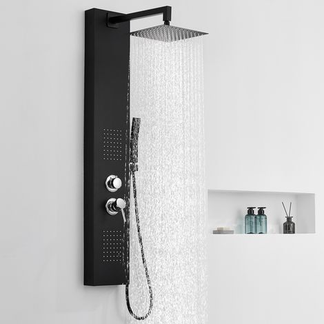 Auralum Max Colonne de Douche Hydromassante, Ensemble Colonne de Douche 3 Fonctions avec Pommeau de Pluie Fixe 10 Pouces en Inox, Douchette à Main et Mitigeur Douche Salle de Bain-Noir (1/5)