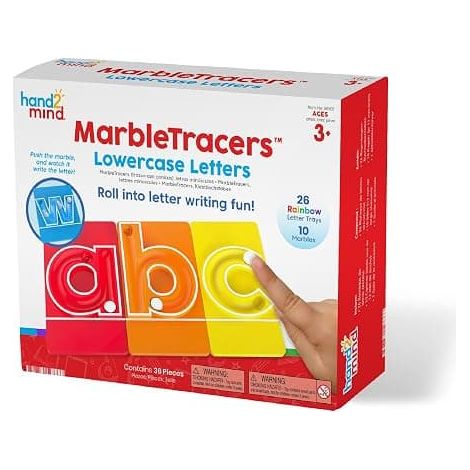 hand2mind MarbleTracers - Lettres Gemena, 24 briques de lettres à piocher, 10 couleurs, activités d'apprentissage préscolaire, lexique de motricité fine