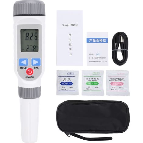 Testeur de PH portable de type stylo avec arrêt automatique et compensation de température, plage de 0,00 à 14,00, solutions d'étalonnage pour l'industrie, l'alimentation et la recherche PH-B (1/5)