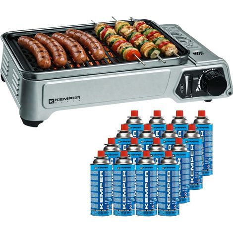 Barbecue à gaz 1900W Grille anti adhesive + 16 cartouches gaz camping KEMPER