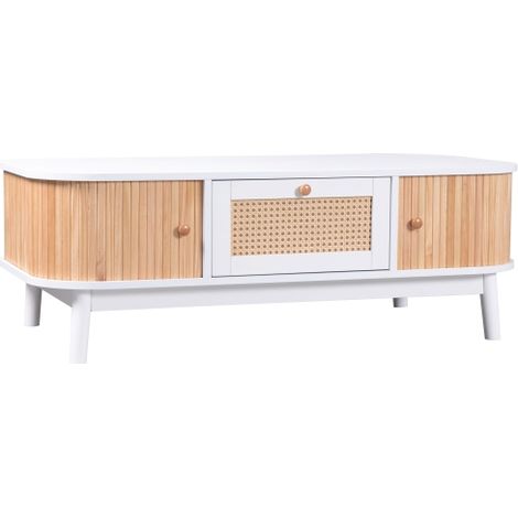 Table basse rotin avec tiroirs, portes coulissantes bois massif, naturel