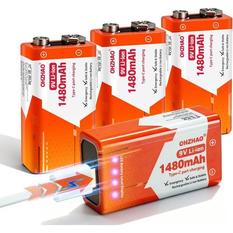 Batterie rechargeable 9 V, piles bloc lithium-ion 1480 mAh 9 volts, charge rapide via USB-C idéale pour détecteurs de fumée, détecteurs d'incendie, multimètre (4 pièces) (1/5)