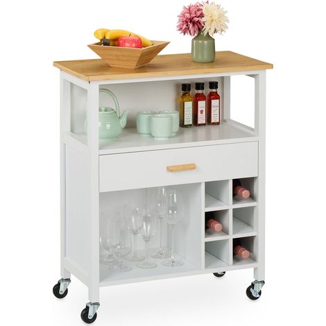 Carrito de isla de cocina con cubierta de bambú y botellero