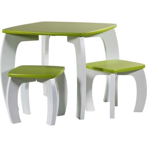 Set mesa y 2 taburetes de madera blancos/verdes 96x48x42 h cm (1/5)