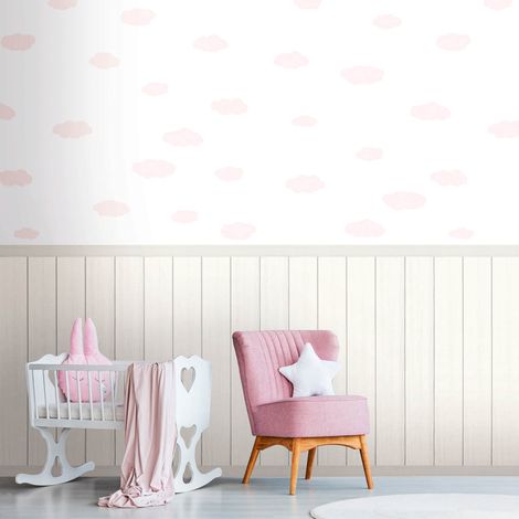 Fototapete Profhome 398164 heißgeprägte Vliestapete leicht strukturiert Kindertapete matt weiß hell-rosa creme-weiß hell-grau 1,59 m x 2,8 m
