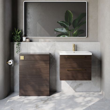 Napoli 390 Cento Brown Oak 1200mm Wall Mounted 2 Drawer Vanity Unit and Toilet Suite with Glide Basin - 1200mm - Brushed Brass 320mm HandleWithout Kingston Toilet Pan