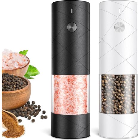 Zwei wiederaufladbare, batterielose automatische Salz- und Pfeffermühlen mit großem Fassungsvermögen und warmweißer LED-Beleuchtung.