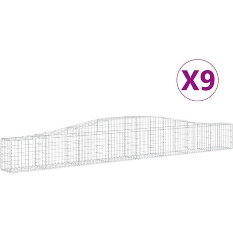 Lot de 9 paniers à gabions clôture cage mur de soutènement arqués 400 x 30 x 40/60 cm fer galvanisé Argent