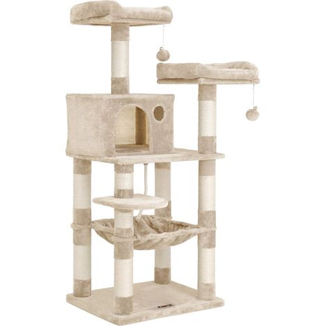 Feandrea – Arbre à chat 143 cm – 11 poteaux à griffer – 2 plateformes – 1 niche – 1 hamac – Tissu peluche – Beige